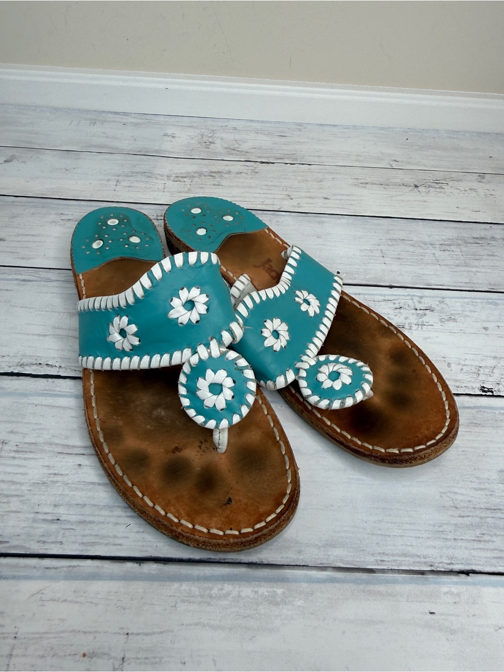Jack Rogers Turquoise Leather Floral Thong Sandals